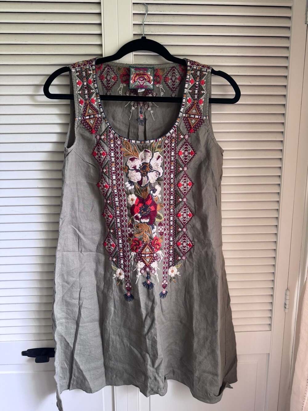 Johnny Was Embroidered Linen Sleeveless Tunic Dress Olive Green Size XS